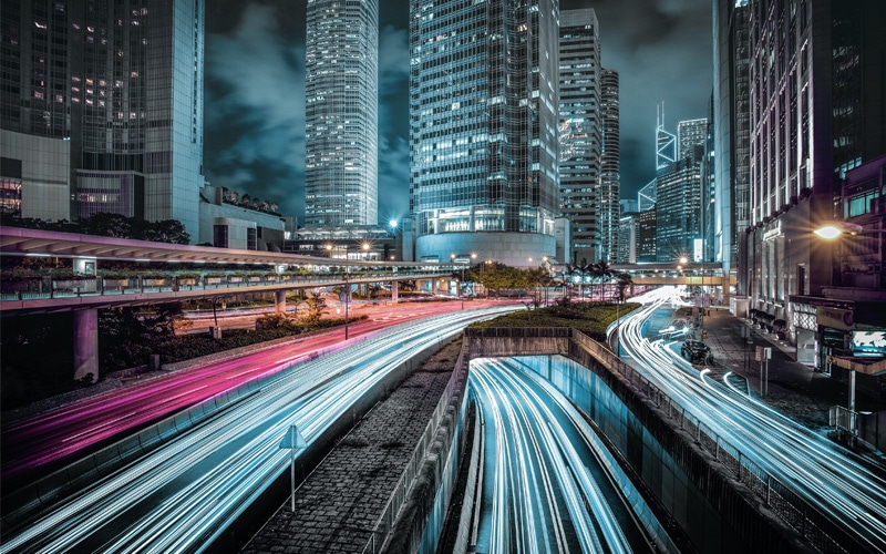 Street view of blurred car lights